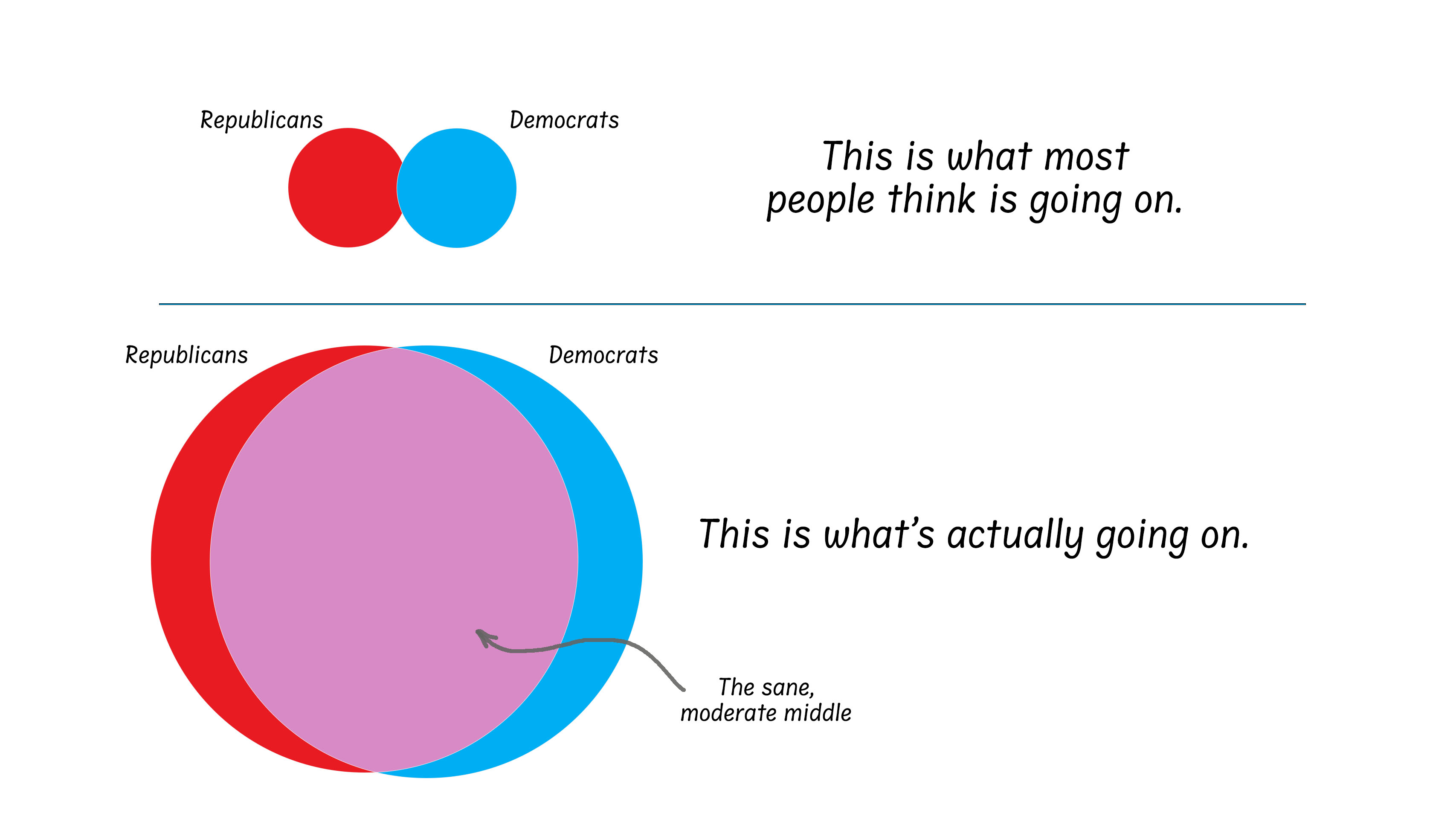 Two Venn diagrams contrasting what most people think is happening versus what is actually going on — a large sane, moderate middle