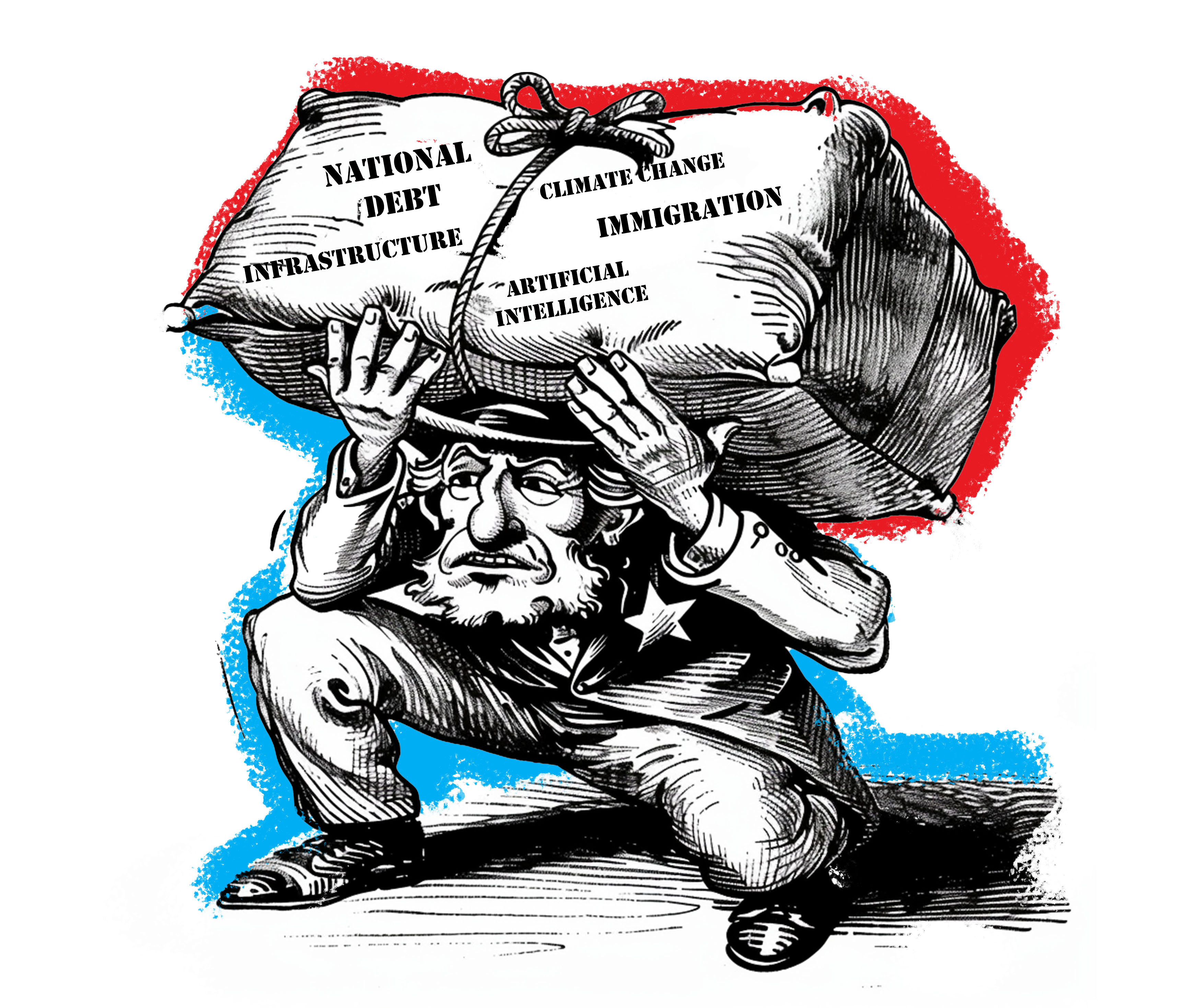 A figure crushed under a heavy sack labeled National Debt, Climate Change, Immigration, Infrastructure, and Artificial Intelligence